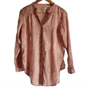 Anthropologie‎ Fig and Flower Floral Embroidered Pink Button-Up Blouse size S